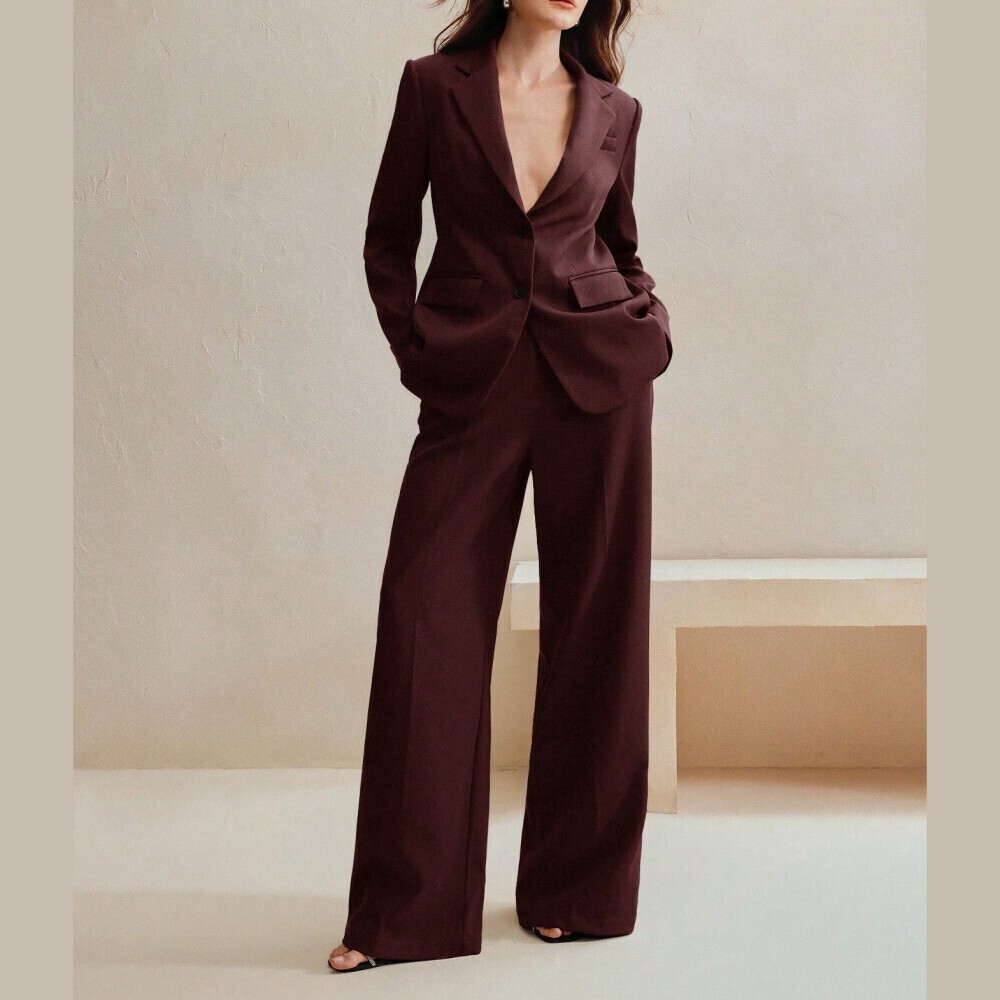 Burgundy Woven Notched Lapel Blazer and Extra Long Wide-Leg Trouser Set